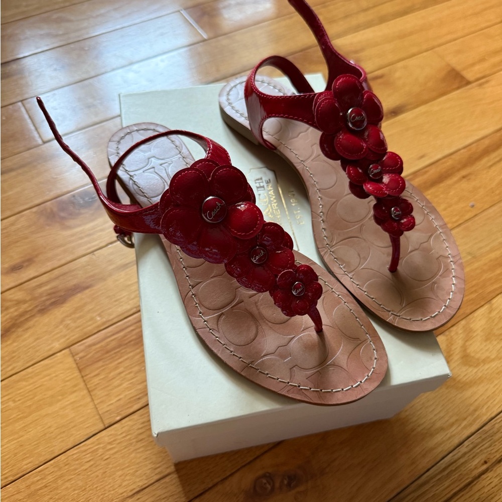 Coach Red and Tan Floral Sandals
